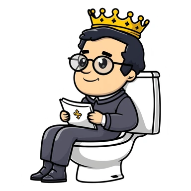 King Charles III with crown sitting on a toilet, wearing round glasses and black hair sticker