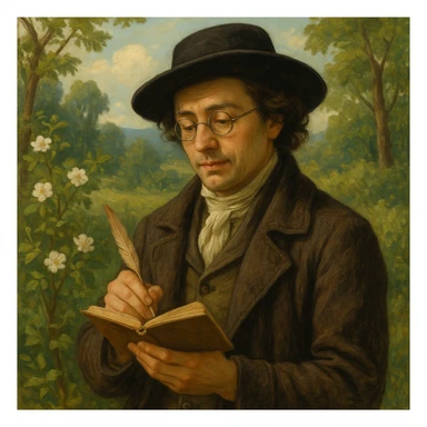 a poet dressed in traditional costume, wearing a chapeau and round glasses, holding a notebook, surrounded by nature, with a gentle and thoughtful expression sticker