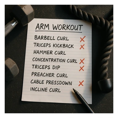 Top view of an arm workout training sheet with handwritten exercises and red X marks on incorrect exercises, in a hyperrealistic style, 4K quality, natural gym atmosphere with natural lighting. Maintain sharp details and realistic gym environment. sticker