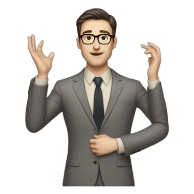 Full height Pale skinned Fit Man With dark brown hair in classic gray suit, beige office shirt, dark gray tie, and vintage glasses. Thrumbs of his palms directed up sticker