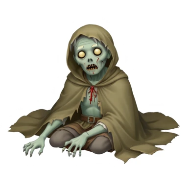 fullbody zombie leper laying on the ground, sunken eyes, tattered cloak, visible sores sticker