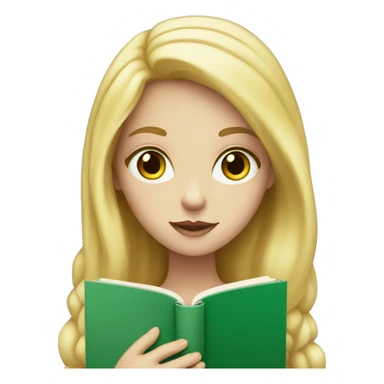 White skinned girl with green eyes and golden hair holding a book sticker