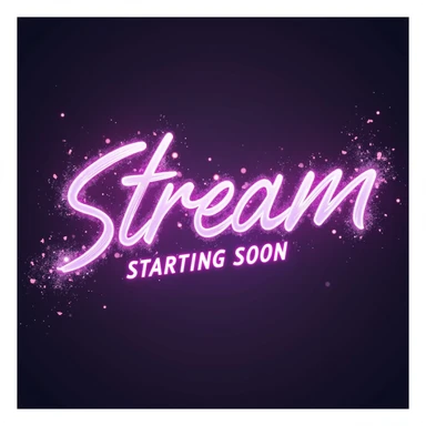 "stream starting soon" cyberpunk style text splash overlay lavender sticker
