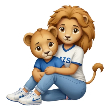 friendly anthropomorphised female lion wearing a baseball shirt, jeans, and trainers, on her hunches, comforting a friend sticker