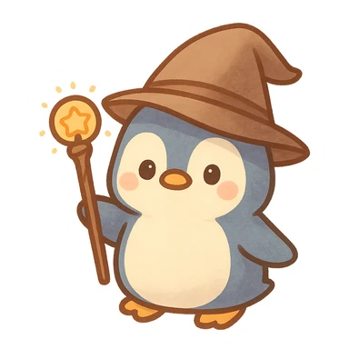 a penguin dressed as a wizard, wearing a pointed hat and holding a magic staff, in a fun and whimsical style sticker