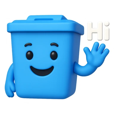 3D emoji style blue bin with a smiling face, waving and saying hi sticker