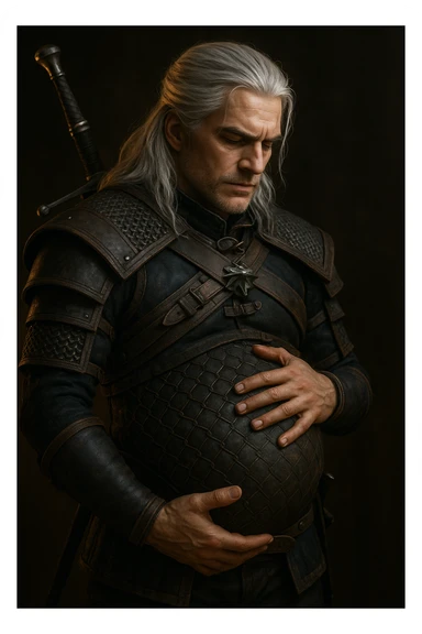 Geralt of Rivia holding his pregnant belly, 3D fantasy style, silver hair, medieval armor, dramatic lighting sticker