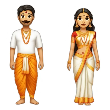 a hindu couple (male - fair, in late 20s, wearing traditional dhoti with tilak and janeyu), female (early 20s, short and fair, wearing traditional and bindi)  sticker