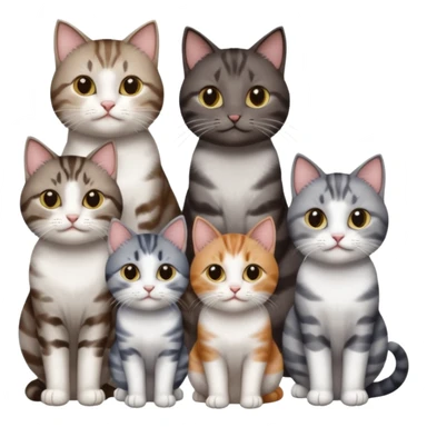 4 different coloured short haired cats including; a dark brown tabby and white cat, and a dark grey and white  sticker