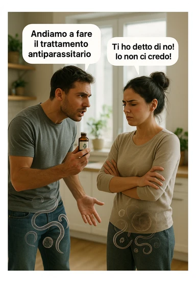 A highly realistic, cinematic photo of a young couple in their early 30s having an argument in a bright modern kitchen. The man, athletic build, wearing a casual T-shirt and jeans, is speaking firmly with a raised hand holding a small amber glass bottle labeled with a subtle herbal symbol, saying 'Andiamo a fare il trattamento antiparassitario' with a determined expression. The woman, with long dark hair tied in a messy bun, casual home outfit, crosses her arms with an angry, defensive expression, replying 'Ti ho detto di no! Io non ci credo!' while slightly turning away. Tension is visible in their body language, with the man leaning forward trying to explain and the woman leaning back, her eyebrows furrowed. Around them, subtle ghostly overlays of microscopic parasites are faintly visible near their abdominal areas, symbolizing the hidden reason for the argument. The kitchen is bright and modern with plants and natural light, contrasting the emotional tension. The style is hyperrealistic with warm tones and shallow depth of field focusing on their facial expressions, illustrating the conflict between belief in natural treatments and skepticism within the couple regarding hidden parasitic infections. in italiano sticker