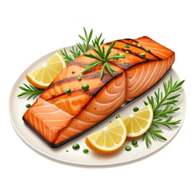 Cinematic perfectly grilled salmon, rich orange hues with crispy skin, garnished with fresh herbs, drizzled with lemon, ultra-detailed and delicious. sticker