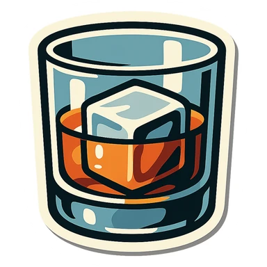 whiskey glass with one large ice cube, retro stickers style, clear black outlines, expressive shadows and highlights, no gradients, only sharp color transitions, minimalist sticker