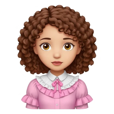 light skin girl, brown eyes, short curly brown hair, white blouse with ruffles, pink skirt with ruffles sticker