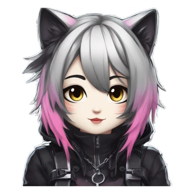 Gorgeous edgy epic punk magical gradient gothic dark techwear anime style anthro cat with blushing face aesthetic and pretty edgy black with collar and harness trending style sticker