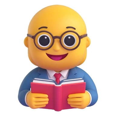 3D smiley emoji, round shape, wearing teacher glasses and holding a book, smiling face sticker