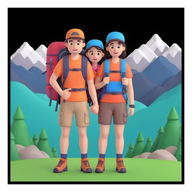 back packer couple posing, mountains in background,   close up pose sticker