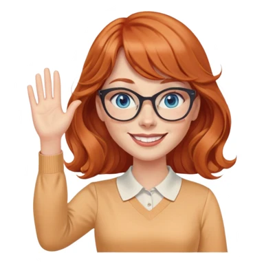 redheaded woman with very long wavy hair and bangs, blue eyes, cat-eye glasses, pencil skirt, apricot blouse, waving, smiling sticker