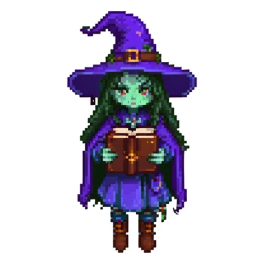 a single witch from a cursed coven holding a spellbook, dark and mysterious, pixel art style, with the text 'Cursed Coven' sticker