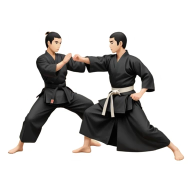 An icon depicting an aikido fighter in a black gi, executing a graceful throw in a martial arts dojo. The background features traditional wooden floors, tatami mats, and a serene atmosphere with soft lighting. The focus is on the fighter's precise technique and fluid movement. Transparent background sticker