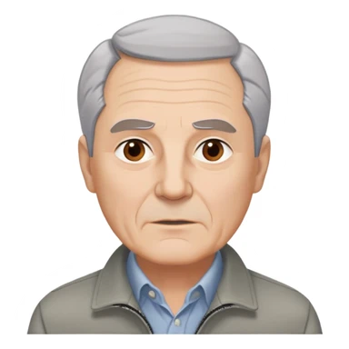 Distinguished older man in his 60s, light complexion, round face with broad jaw, vivacious brown eyes, thick eyebrows giving intensity to expression, short gray-white hair combed slightly back with visible receding hairline, clean-shaven, wearing gray casual jacket over button-up shirt sticker