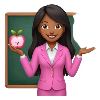 a brown skin teacher with hair with black straight long hair wearing pink not hot pink 2 piece set teaching up on a board the board nothing on the board but a pink apple sticker