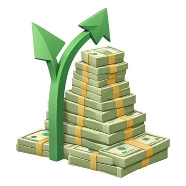 upward arrow next to a growing stack of cash money bills, financial growth sticker