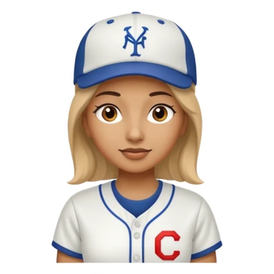 woman with white jersey and baseball hat sticker