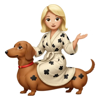 A blonde curvy woman riding on top of a dachshund wearing a robe sticker