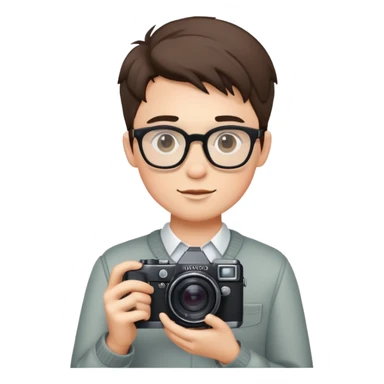 A handsome boy wearing glasses and holding a camera sticker