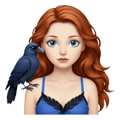 Constantine and Long wavy Auburn hair woman BLUE eyes wearing blue cami and a crow sticker