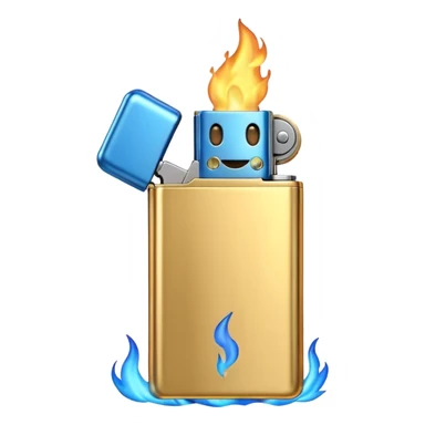 3D emoji icon of a golden metallic lighter with a blue flame, high quality, 3D render, minimalist white background sticker