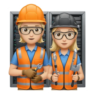 Create a emoji of boy and girl(blond hair) pushing Data center rack servers. They wearing helmet, ear protection, safety glass, orange vest. Holding drill and wrench sticker