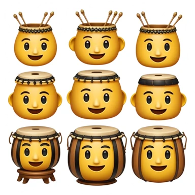 Cinematic Realistic Gamelan Pop Culture Emoji, depicted with an ensemble of traditional Indonesian instruments rendered with rich textures and rhythmic, cultural lighting. sticker