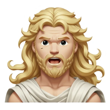 Cinematic Realistic Thor Portrait, head tilted slightly with a dramatic, wide-open yawn, revealing a moment of unguarded human vulnerability amidst his divine stature. His fair, luminous skin and elegantly styled, wavy golden hair maintain their sculptural perfection even in repose. Dressed in a flowing white toga with understated golden accents, the portrait is bathed in soft natural light, capturing a rare glimpse of relaxed, timeless strength from a Greek god reborn. sticker