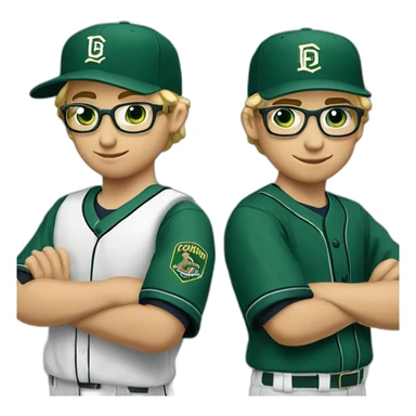 Blonde male short hair with glasses Dark green baseball uniform with hat Blue eyes a cobra snake logo with "C". waist up with a laptop behind the shoulder sticker