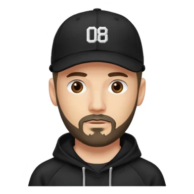 Hombre con la cara borrosa, con barba fina y perilla, gorra negra de baseball bordada con un 08, y sudadera negra sticker