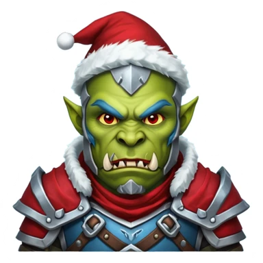 Fantasy Christmas orc legion soldier icon, iron tundra army theme, heavy winter armor, disciplined brutal look, dark icy steel armor with bold crimson cloth and markings, cold blue shadows, high contrast, clean emoji portrait style
 sticker