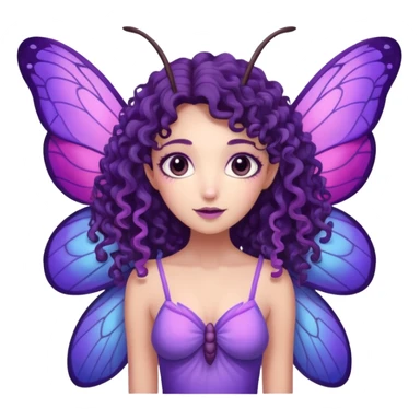 moth fairy with dark curly hair, light purple skin, and moth wings of blue purple and pink. she has moth antenna sticker