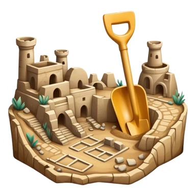 An icon showing an ancient city excavation site with a shovel, an old map, and uncovered ancient amphoras. The design captures the thrill of uncovering historical treasures and ruins. Transparent background highlights the excitement of archaeological discovery. sticker