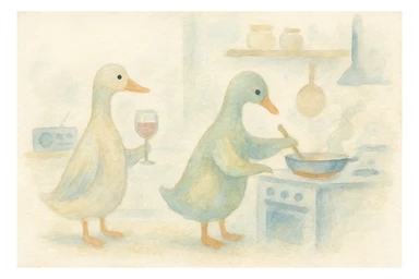 Impressionist Monet-inspired kitchen, 4:3, male and female duck couple, one holding wine glass, other at stove, record player or radio playing music, pastel palette, loose brushstrokes sticker