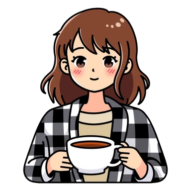 A 16-year-old girl with brown eyes and brown hair, with a black and white checkered blanket on her back, holding a white cup of tea in her hand sticker