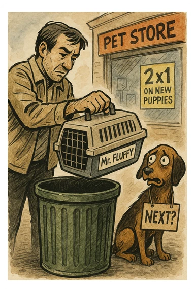 "Primo piano dell'uomo che butta il cesto del gatto (con ancora la scritta 'Mr. Fluffy') nel cassonetto, mentre il cane lo guarda terrorizzato con un cartello al collo: 'PROSSIMO?'. Sullo sfondo, un negozio di animali con l'insegna '2x1 su nuovi cuccioli'. Stile illustrazione editoriale, inchiostro e acquerello." sticker