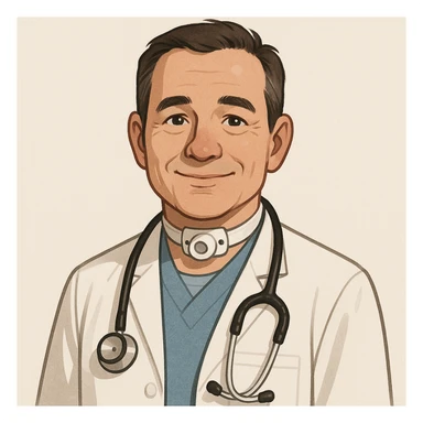 doctor character, tracheostomy tube in neck, stethoscope, friendly expression, clean background, digital art style sticker