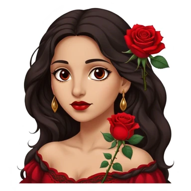 A Romani woman with long, wavy dark hair and a single red rose behind one ear. She has deep eyes and a confident, mysterious expression sticker