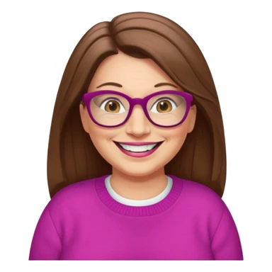 50 yr Caucasian woman, long brown hair parted on side, brown eyes, glasses, big smile, white teeth, fuscia sweater, chubby sticker