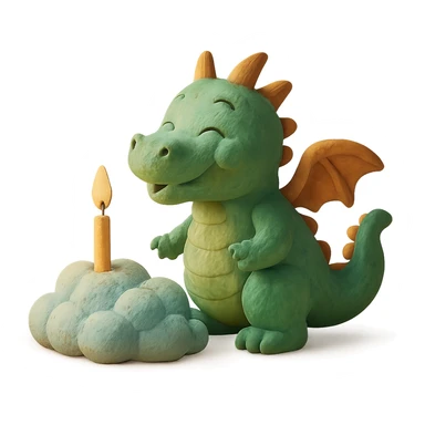 happy dragon blowing out 1 candle on cloud cake, claymation style sticker