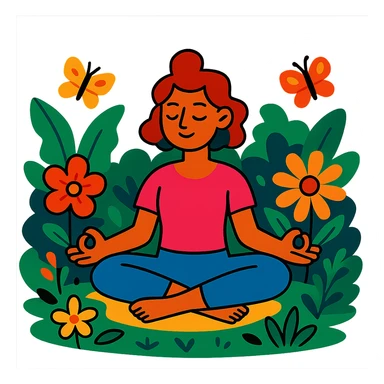 A vibrant self-care scene with a person practicing yoga in a lush garden, surrounded by flowers and butterflies sticker