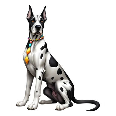 cinematic-[harlequin great dane]-realistic-full-body-sitting-emoji,-tail-resting-loosely-beside-its-paws,-head-tilted-dramatically, ears drooped, -sleek-[black and white]-fur,-simplified-yet-realistic-focused-features,-highly-detailed,-glowing-with-an-almost-sarcastic-glow sticker