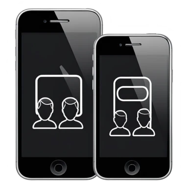 Minimalistic flat vector icon, iOS style, thin black contour on white background. Three small developer silhouettes around a smartphone with code brackets <>. Clean, no text, no shadows sticker