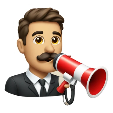 a heart and a megaphone behind a man who has a moustache sticker